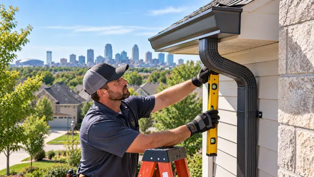 Gutter installer checking gutter sizing, pitch and downspout placement on a Kansas City home